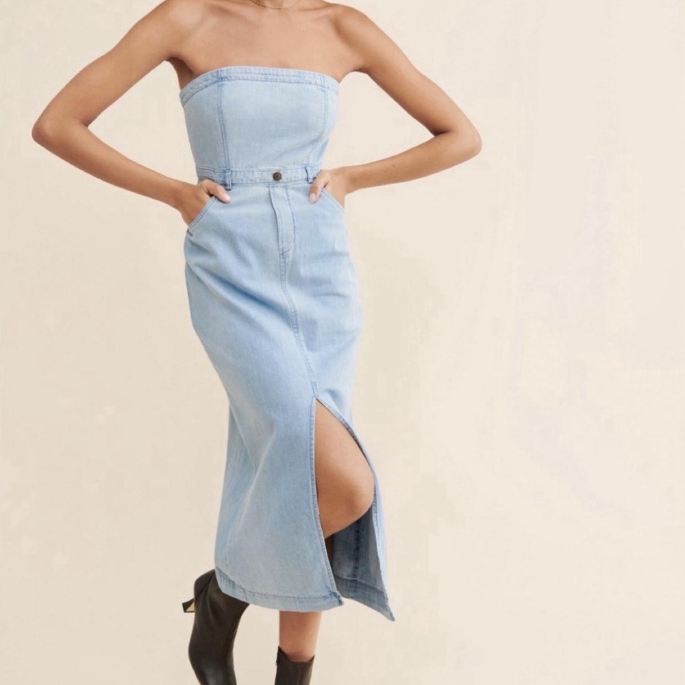 Free People Picture Perfect Strapless Tube Denim Midi Dress 14 •Cowgirl Festival